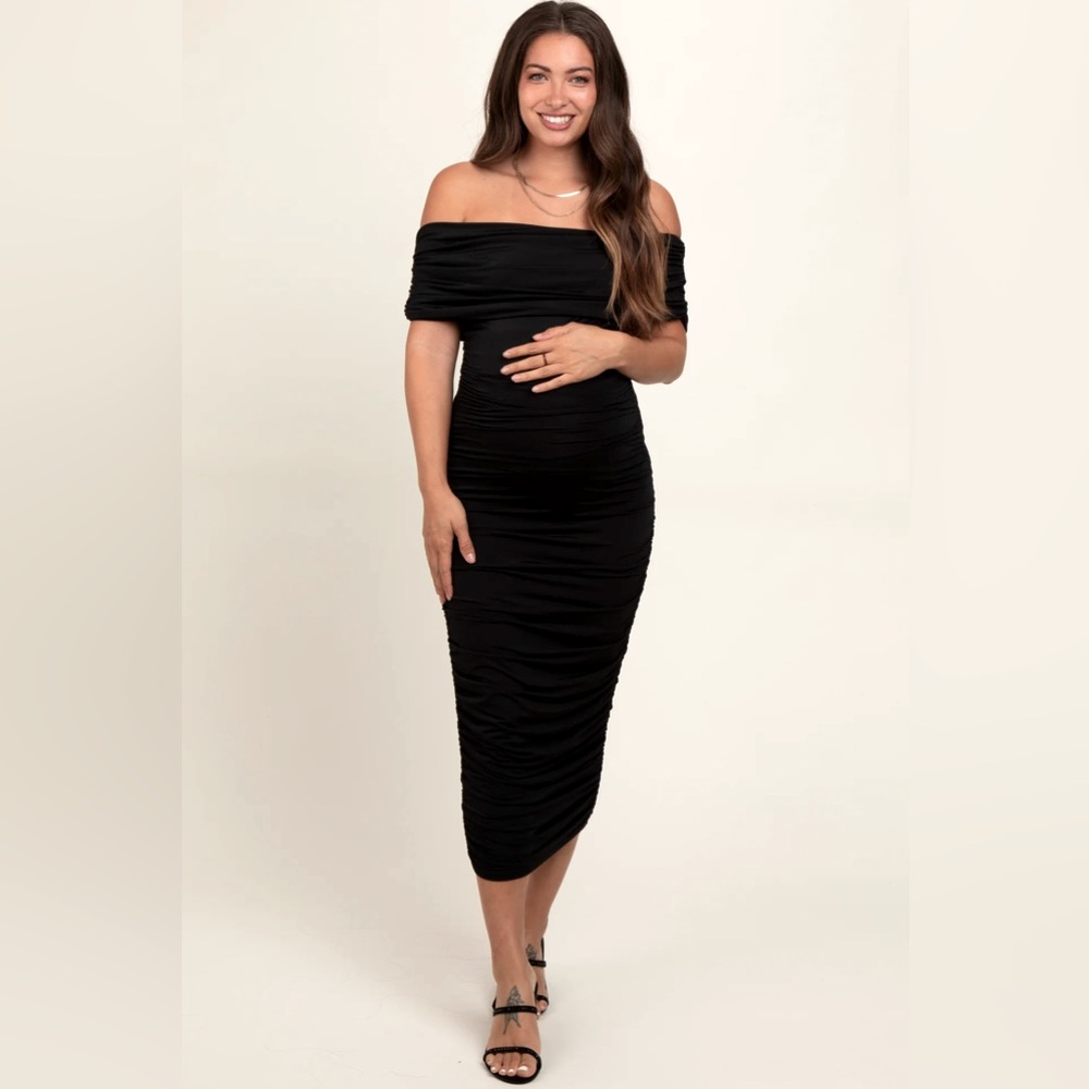 Pinkblush Black Off Shoulder Ruched Maternity Midi Dress